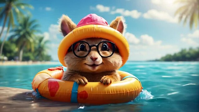 cute squirrel in a swimming ring at the sea