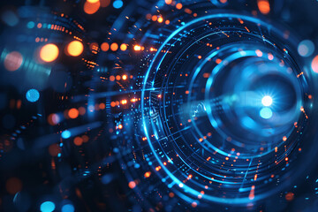 Obraz premium Abstract neon blue light tunnel in a cybernetic space