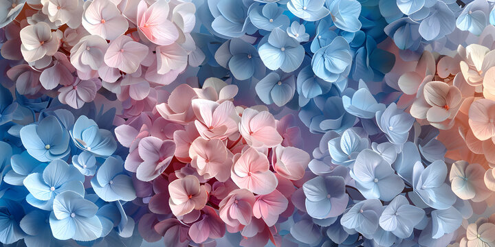 Fototapeta Watercolor hydrangea flowers in pastel blue, pink, and beige create an elegant and sophisticated seamless pattern. Perfect for luxury 3d wallpaper, digital paper, or beautiful wedding bouquets.