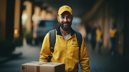 Delivery person with a smiling face handing over a parcel box to a customer with joy - obrazy, fototapety, plakaty