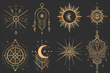 Golden mystery, witchcraft, occult, alchemy, mystical esoteric symbols.