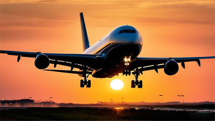 A large jetliner or aeroplane taking off from runway or dawn with the landing gear - obrazy, fototapety, plakaty