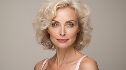 Elegant 1950s middle aged woman close up portrait highlighting healthy skin care beauty