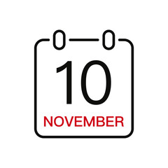 November 10 date on the calendar, vector line stroke icon for user interface. Calendar with date, vector illustration.
