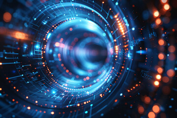 Obraz premium Abstract digital portal with glowing neon rings and binary circuitry