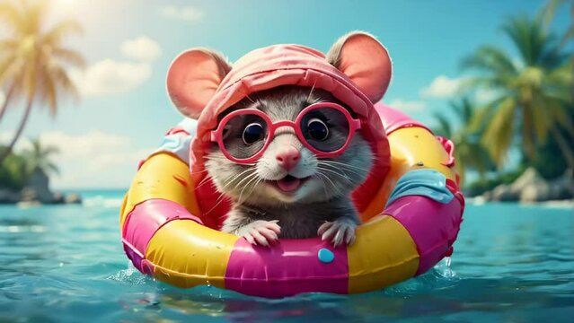 cute mouse in a swimming ring at the sea