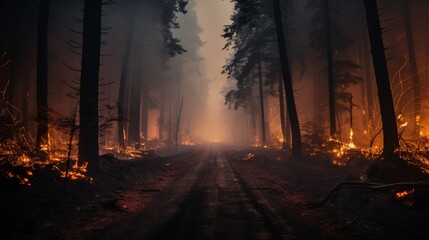 Intense forest fire engulfs tall trees in a relentless blaze of fierce raging flames - obrazy, fototapety, plakaty