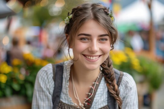 A smiling woman with a flowery headband is posing for a picture. The image has a cheerful and lighthearted mood, as the woman's smile. Oktoberfest Concept