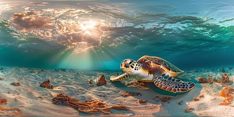 Photo A sea turtle swims in the ocean. - obrazy, fototapety, plakaty