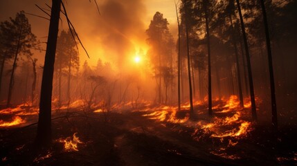 Destructive forest fire engulfs trees in a fierce and relentless inferno, devastating the landscape