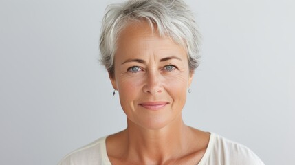 Elegant 50s woman close up portrait for skincare beauty, mature lady, white background