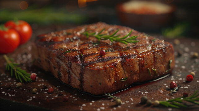 steak on a wooden board, lemon, red pepper, garlic and seasonings on a dark rustic background