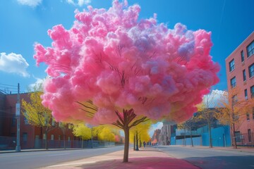 A flowering tree on a city street. Illustration