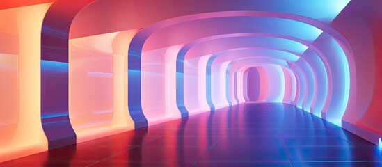 A vibrant tunnel filled with a rainbow of colorful lights, including shades of purple, pink,...
