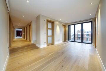 Fototapeta premium Spacious Modern Apartment Hallway With Natural Light and Wood Flooring