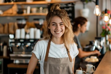 Smiling Barista in Apron Standing in a Cozy Coffee Shop During Morning Hours