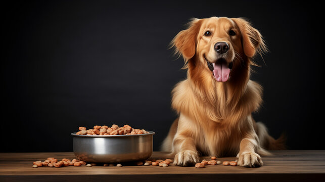 In a professional photography studio setup, a Golden Retriever sitting in front of its bowl of dog food on a black background. Generative AI