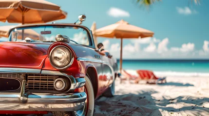 Fotobehang A vintage car parked on a beach, with details of the car's classic design, the beach's white sand and blue water, and the beach umbrellas in the background. © Nawarit