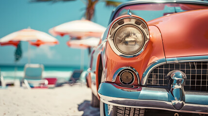 A vintage car parked on a beach, with details of the car's classic design, the beach's white sand and blue water, and the beach umbrellas in the background.