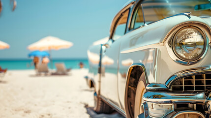 A vintage car parked on a beach, with details of the car's classic design, the beach's white sand and blue water, and the beach umbrellas in the background.