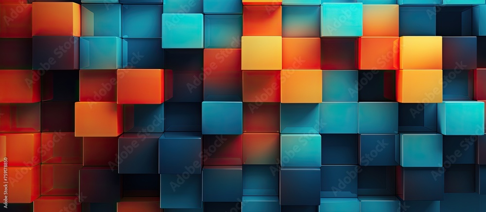Poster a close up view of a brown and azure checkered pattern on a wall, creating a symmetrical art piece w