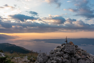 Wooden summit cross on top of mount Kula near Omis, Dinara mountains, Split-Dalmatia, Croatia,...