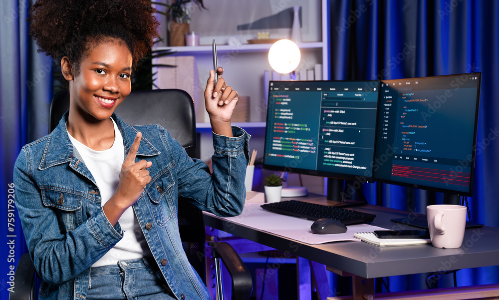 Poster young african wearing jeans shirt, it developer presenting program on computer screens displaying co