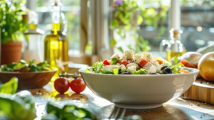 bright, sunny kitchen where a bowl of fresh salad is garnished with chopped chives, alongside a bottle of olive oil and balsamic vinegar