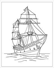 Pirate Ship Coloring Pages, Ship Vector, black and white ship illustration