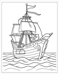Pirate Ship Coloring Pages, Ship Vector, black and white ship illustration