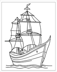 Pirate Ship Coloring Pages, Ship Vector, black and white ship illustration