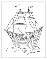Pirate Ship Coloring Pages, Ship Vector, black and white ship illustration