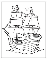 Pirate Ship Coloring Pages, Ship Vector, black and white ship illustration