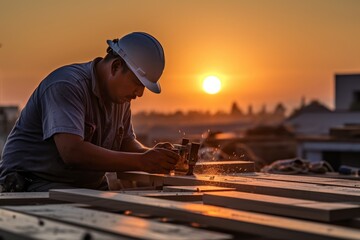 Construction worker laboring on a rooftop at a construction site, engaged in laborious tasks - obrazy, fototapety, plakaty