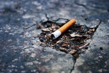 A discarded cigarette lies on a stone surface, surrounded by leaves, symbolizing the end of a smoking habit. Discarded Cigarette on Stone Surface