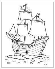 Pirate Ship Coloring Pages, Ship Vector, black and white ship illustration