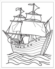 Pirate Ship Coloring Pages, Ship Vector, black and white ship illustration