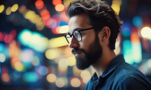A contemplative man in profile against a blurred backdrop of vibrant night lights. The image captures a moody, reflective moment.