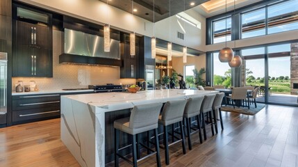 Fototapeta na wymiar Chic modern kitchen, featuring a large island, quartz finishes, upscale appliances, and bold lighting