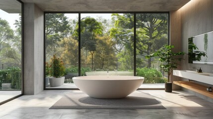 Sleek modern bathroom, standalone tub, minimalist vibe, large windows, and calming colors - obrazy, fototapety, plakaty