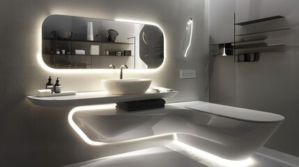 Stylish small bathroom, floating shelves, lit mirror, monochrome tones, space-savvy design
