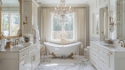 Opulent bathroom interior adorned with crystal chandelier, clawfoot tub, gold fixtures, and marble countertops exudes traditional charm