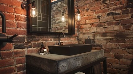 Fototapeta na wymiar Stylish industrial bathroom design incorporating exposed brick, matte black fixtures, concrete sink, and Edison bulb lighting for a contemporary urban feel