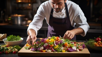 A man in a chefs uniform delicately slices an array of vibrant vegetables on a wooden cutting board