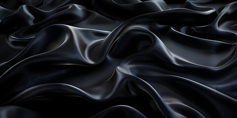 3D abstract of a single wave of black silk, rimmed with light as it flows through the darkness