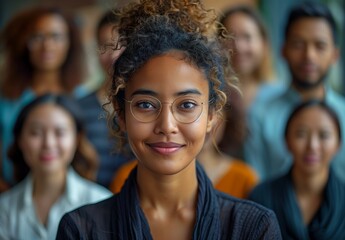 Obraz premium a woman is standing in front of a group of people,DEIB diversity, equity, inclusion, belonging