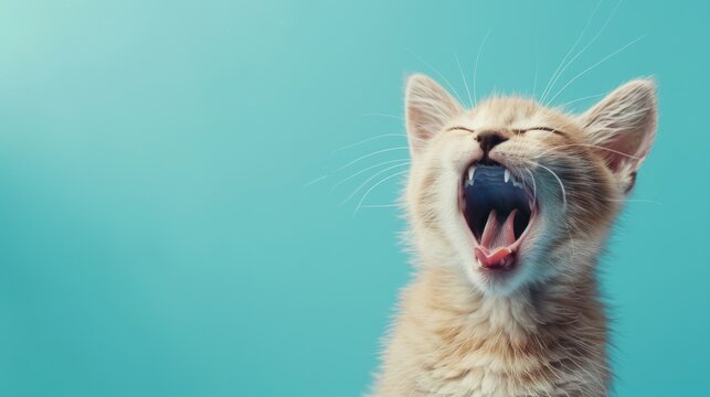 Portrait cute cat expression screaming on bright blue background. AI generated image