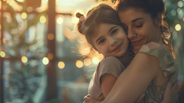 Happy family mother and daughter hugging in beautiful moment at home. AI generated image
