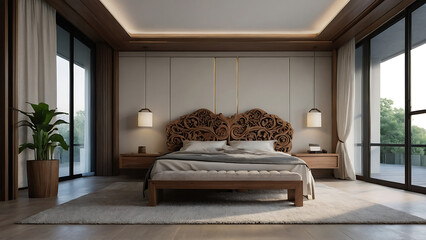Luxury Bedroom with King Size Bed, White Bedding, and Wooden Floor