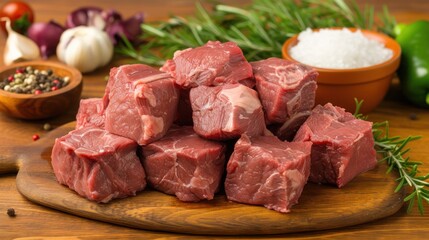 a pile of raw meat sitting on top of a wooden cutting board next to a bowl of salt and pepper. - obrazy, fototapety, plakaty
